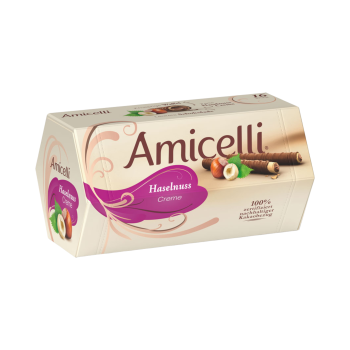 Amicelli Haselnuss Waffelröllchen, mit Milchschokolade, 16 Stück, 200g Produktbild, Vorderseite der Verpackung